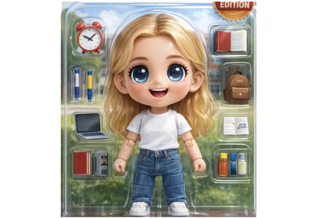 Action figure caricature style — collectible toy packaging ChatGPT AI cartoon portrait